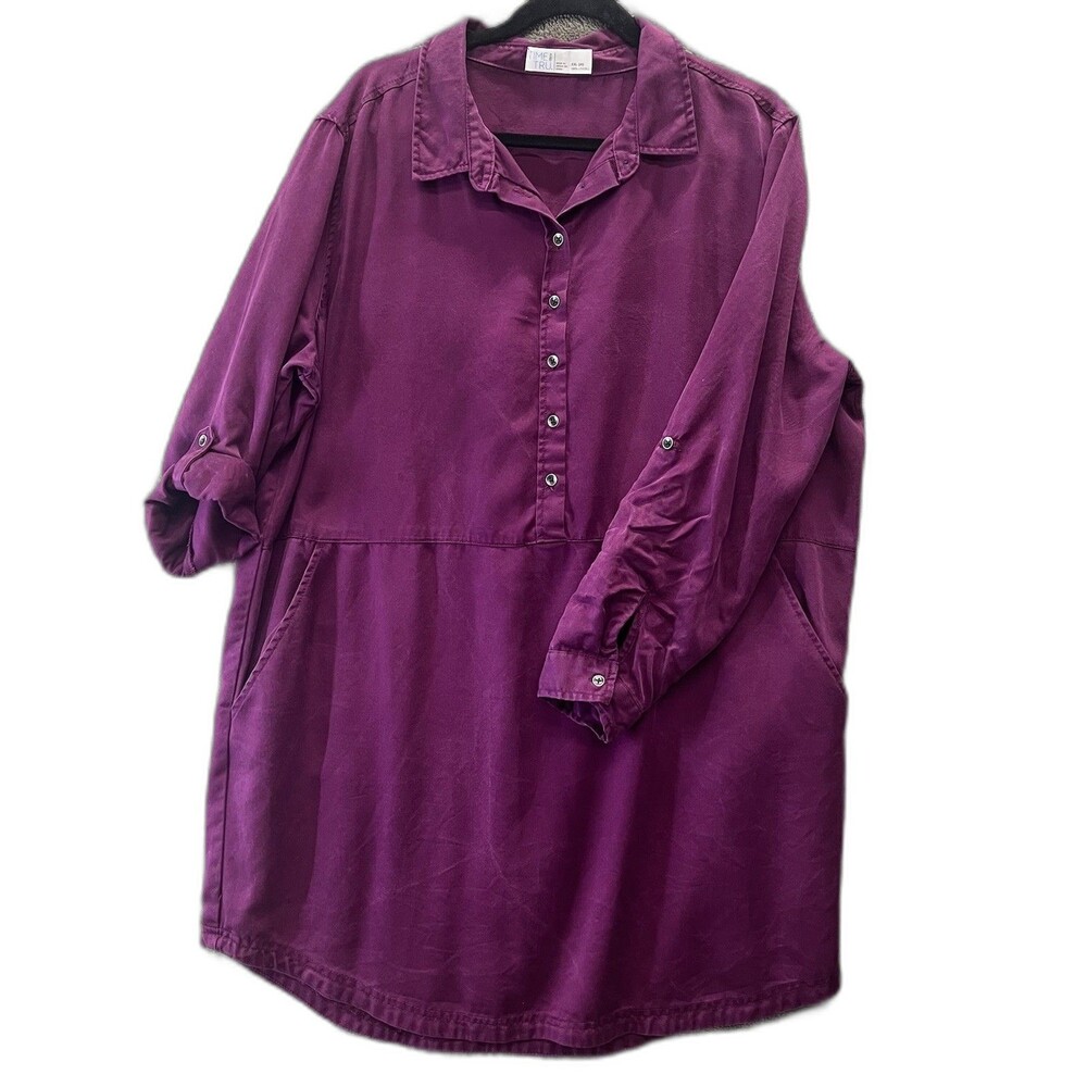 Time and Tru Women's Oxford Shirt Dress Purple Lyocell Pockets Long Sleeve XXL
